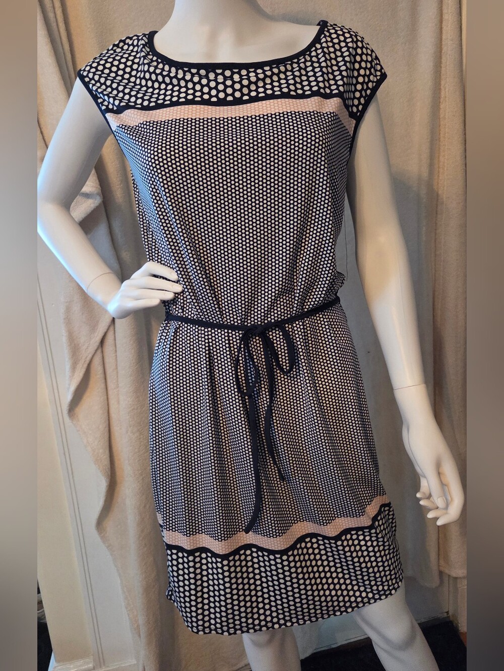 Max Studio Navy and White Polka Dot Dress with Contrast Trim